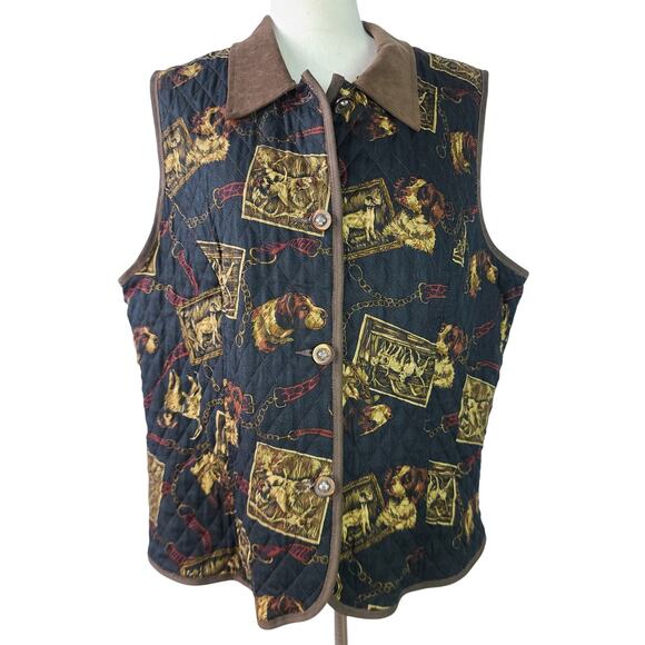 Stonebridge Brown Black Bird Dog Spaniel Quilted Vintage Button Front Vest XL - Picture 1 of 4